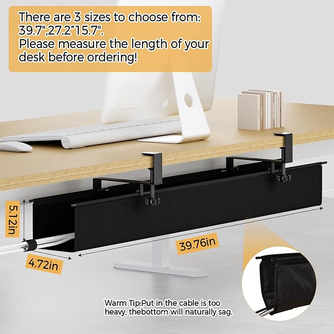 Under Desk Cable Management Tray 39.7" - No Drill Computer Wire Organizer Cable Tray, Fabric Cord Hider Clamp Mount, with 16X Cable Ties PC Cables Management Cord Holder for Office/Home (Black)