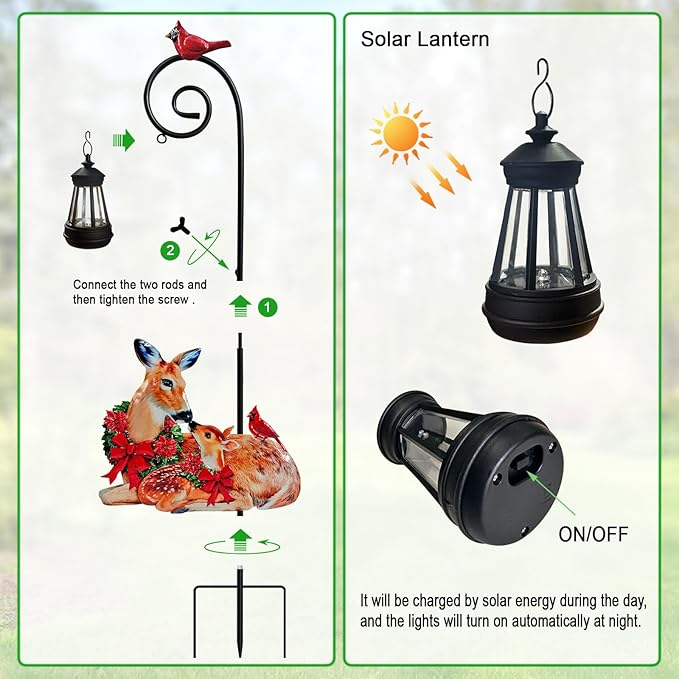 Deer Metal Garden Stake with Solar Lantern,Christmas Decorations Outdoor Waterproof Sloar Lights Outside,Doe and Fawn Outdoor Statue