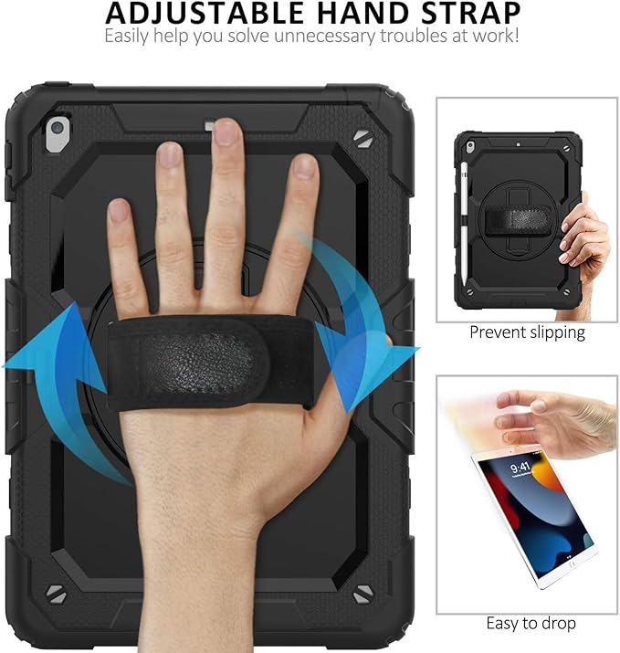 iPad 9th/8th/7th Generation Case, iPad 10.2 Case 2021/2020/2019, [Kid Proof] ambison Full Body Protective Case with 9H Tempered Glass Screen Protector, 360° Rotatable Kickstand & Hand Strap (Black)