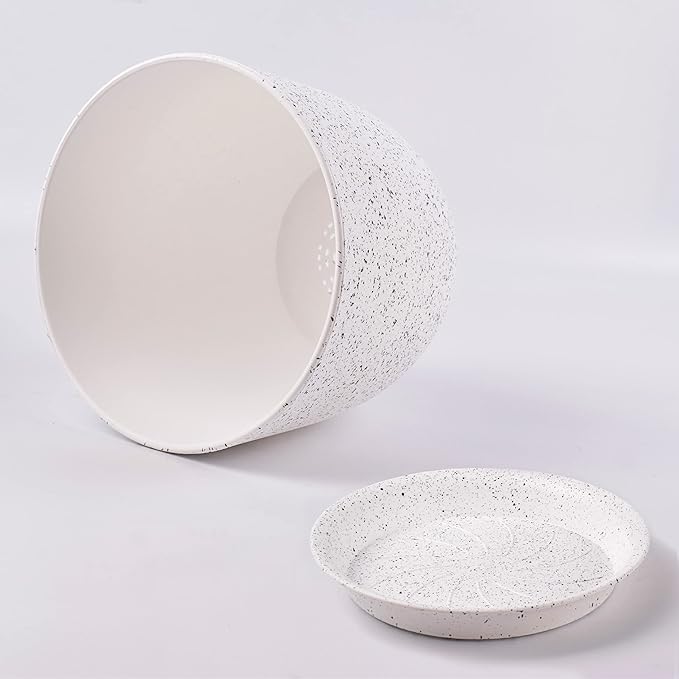 Giraffe Creation 12/10/9 Set of 3 Speckled White Plant Pots, Modern Indoor & Outdoor Planters with Drainage Holes and Saucers