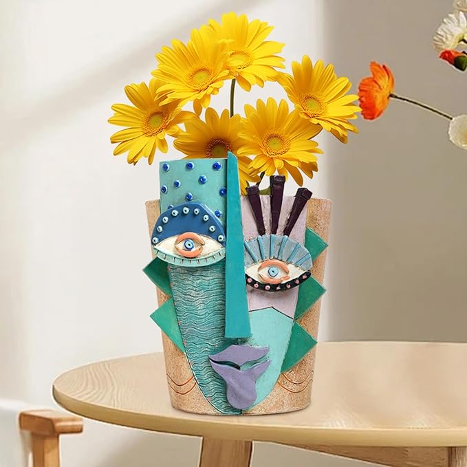 Picasso Flower Pot/Vase, Unique Planters, Abstract Face Flower Pots, with Drainage Holes, Handcrafted Resin Vases for Artistic Home Décor (Large)