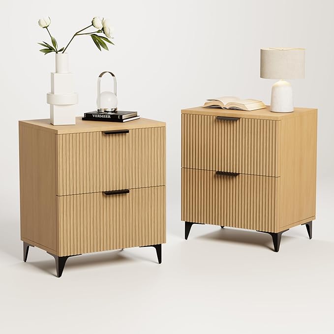 Royal Windsor Small Fluted Nightstand Set of 2 with 2 Drawers, Side End Table, Small Accent Storage Cabinet,Modern Night Stand Bedside Table for Bedroom Full Size Bed,Natural Oak