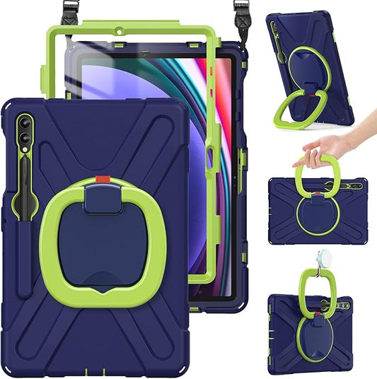 BRAECN Case for Samsung Galaxy Tab S10+/S9 FE+/S9+/S8+/S7 FE/S7+ 12.4”, Rugged Silicone Cover w/S Pen Holder, Screen Protector, Handle Grip/Stand, Shoulder Strap for Galaxy Tab S9 FE Plus, Navy Green