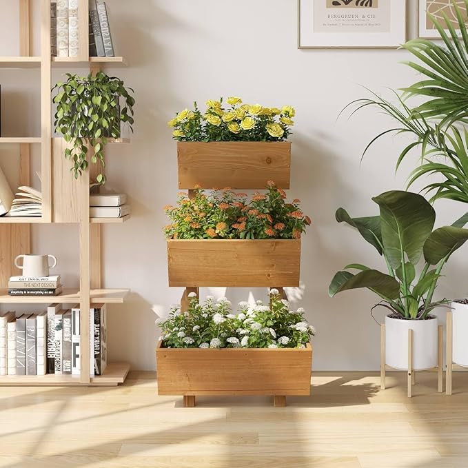 3-Tiers Wooden Raised Garden Bed Tiered Planter Box Vertical Garden Planter Wood Plant Stand for Patio, Balcony, Freestanding. (Brown S)