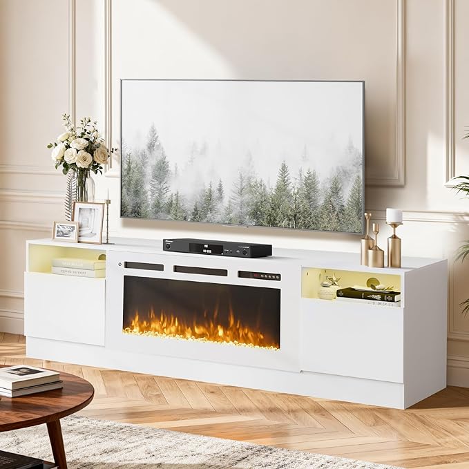 70" TV Stand with 36" Electric Fireplace, Large Modern Media Entertainment Center with Storage Cabinet and 12 Colors LED Lights for TVs Up to 80",All White
