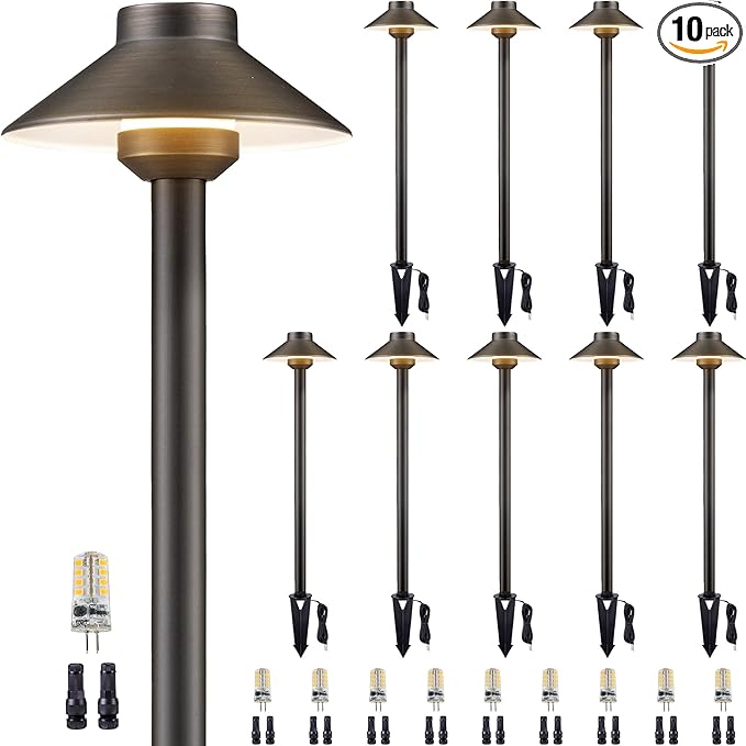 Brass Landscape Path Lights - 12V Low Voltage Pathway Light IP65 Waterproof, LED Outdoor Walkway Lighting Wired, Hat Bronze for Patio Lawn with 3W 2700K Warm White G4 Bulb (10 Pack)