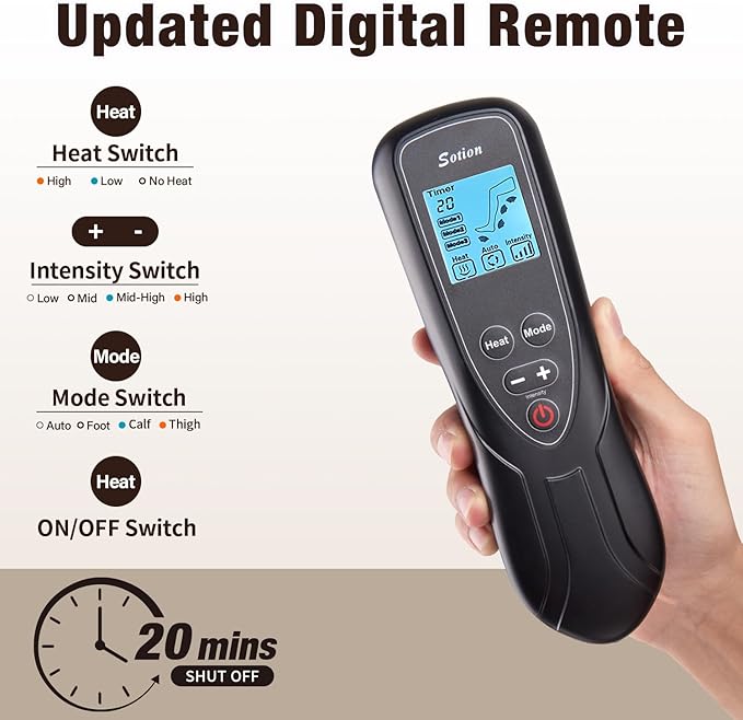 Sotion Leg Massager with Heat and Compression for Circulation & Recovery, Upgraded Foot Calf Thigh Sequential Massager Device with Handheld Controller, 4 Modes 4 Intensities, Help for Leg Pain Relief