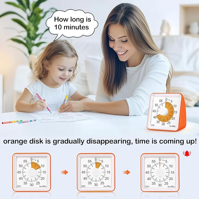 Secura 60 Minute Essential Visual Timer for Kids, Countdown Clock Timer for Special Education, Classroom, School, Desk, Home, Office, Silent Non-Ticking Time Management Tool (Orange & Orange)