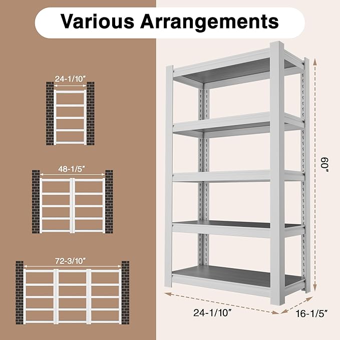 WORKPRO House 5-Tier Shelving Unit, 3000lbs Adjustable Storage Shelves, Boltless Book Shelf, Shelf Organizer for Kitchen, Living Room, Bathroom, Wood Grain Pattern, Waterproof Board, 24-1/10"W, White
