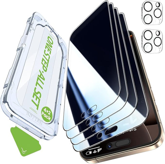 iGluz 4+2 Pack for iPhone 16 Pro Privacy Screen Protector with Camera Lens Protector 6.3 inch,9H+Tempered Glass[12FT Military Grade Shatterproof &100% Anti-Spy],3D Micro-Curved Edges[Longest Durable]