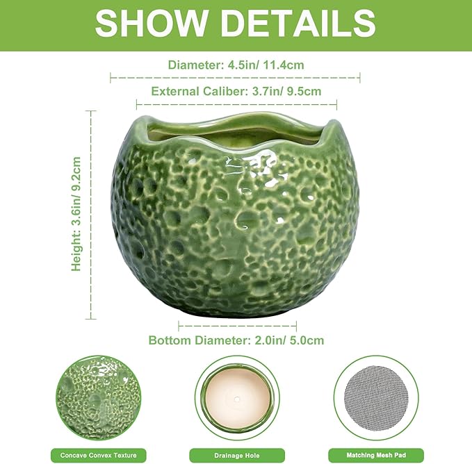 Ceramic Plant Pots - 4 inch Plant Pot with Drainage Hole, Small Pots for Plants Indoor Outdoor, Unique Round Planter, Modern Decorative Flower Pot, Room Decor, House Warming Gifts, Green
