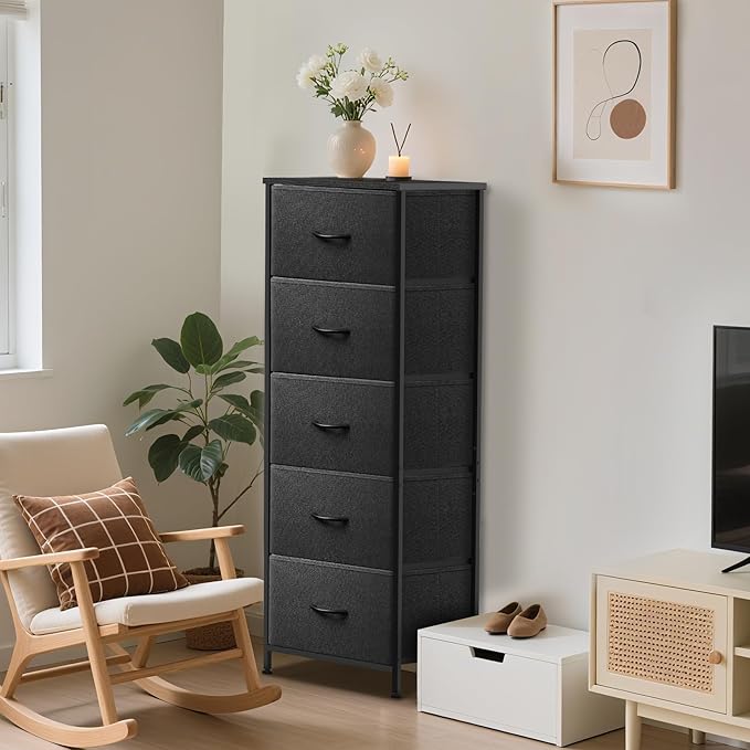 5 Fabric Drawer Dresser for Bedroom, Chest of Drawers with Waterproof Wood Top Tall Dresser for Hallway, Living Room, Kid Room (Charcoal Black)