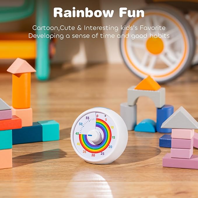 Visual Timer for Kids, 60-Minute Countdown for Classroom Office Kitchen, Desk Timer Kids Time Management Tools with Silent Operation, Pomodoro Timer Rainbow Pattern(White)