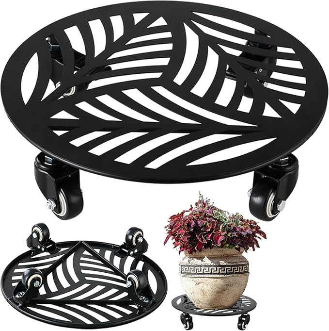 1 Pack 13 inches Metal Plant Caddy with Wheels Heavy-duty Large Iron Rolling Plant Stand with Casters Indoor Outdoor Wheeled Plant Roller Base Pot Movers Plant Dolly Coaster Trolley Black