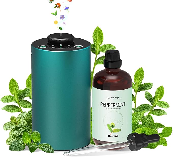 Waterless Essential Oil Diffuser Starter Kit - No Water Needed, Battery Operated Scent Diffuser Included 120ml Essential Oil, Portable Mini Aromatherapy Nebulizer for Home, Room, Car, Office, Green