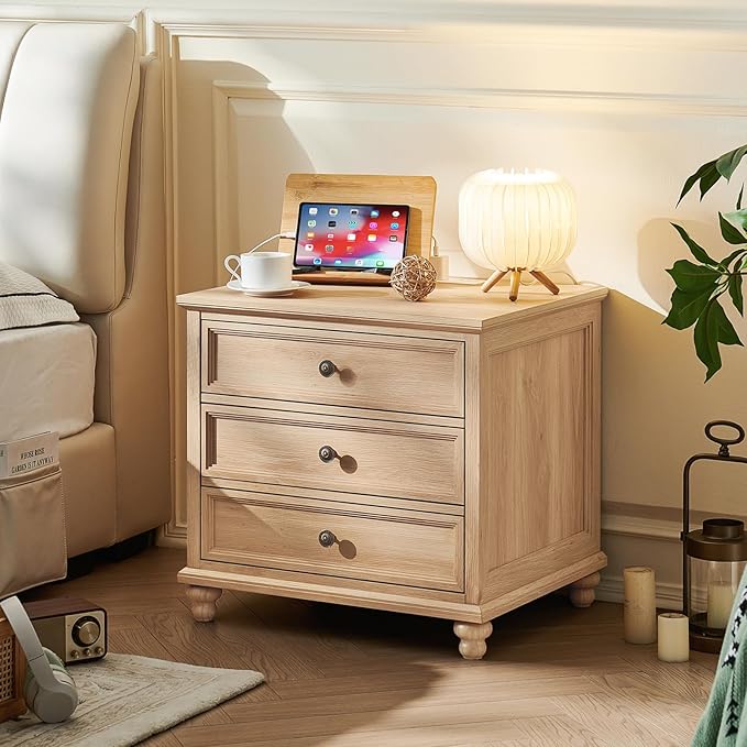 Farmhouse Nightstand with Charging Station, 24" Wide End Table with 3 Drawers,Natural Wood Dresser Cabinet for Bedroom, Bed Side Table Chest of Drawers,Night Stand for Living Room, Closet