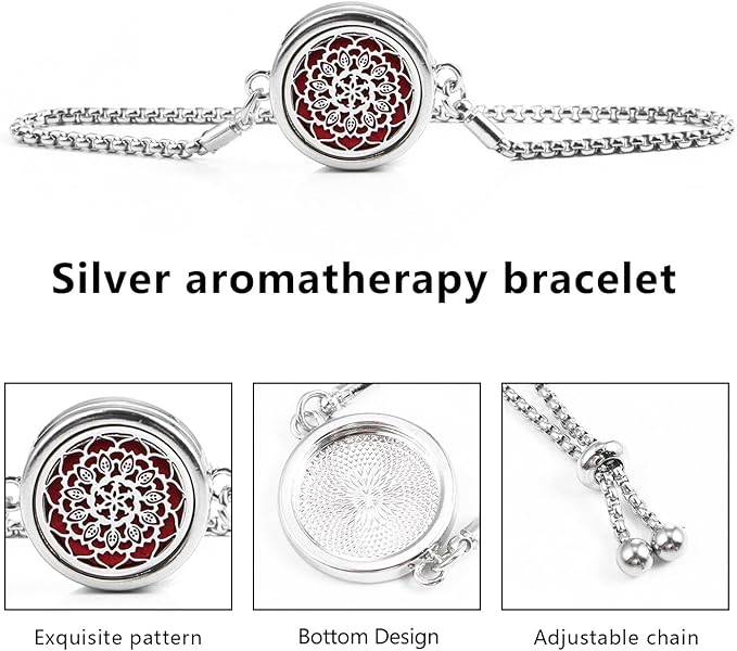 Essential Oil Diffuser Bracelet Aromatherapy Locket Adjustable Bracelet Stainless Steel Bracelet with 10 Pcs Refill Pads for Women Girls