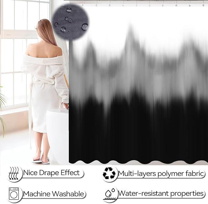 iMucci Bathroom Accessories Black Bathroom Sets with Shower Curtain and Rug, Black Ombre Waterproof Shower Curtain with Ultra Absorbent Rug Bathroom Accessories Set for Home Decor