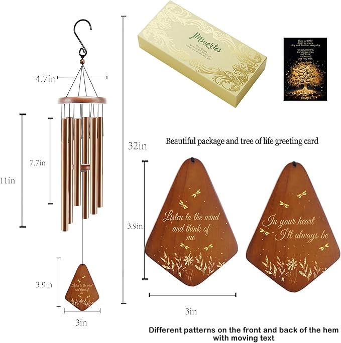 Memorial Sympathy Wind Chimes for Outside, Dragonfly Wind Chimes for Loss of Loved One Mother Father for Bereavement/Condolence/Funerary Gift Idea,32inch Wooden,Brown