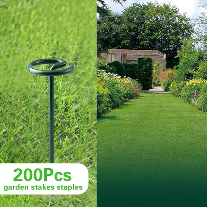 Bakulyor 200Pcs Circle Top Landscape Staples, 6 Inch Green Artificial Turf Stakes, 9 Gauge Landscape Fabric Pins, Heavy Duty Yard Lawn Spikes for Outdoor Soil Gardening Weed Barrier Sod Fabric - 6"