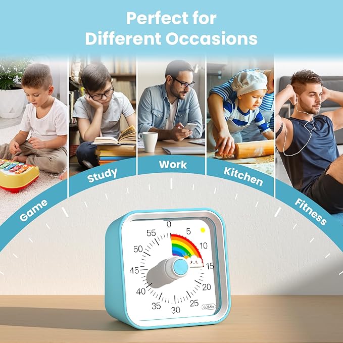 Visual Timer with Pause Function, 60 Minute Countdown, Pomodoro Timer for Kids, Productivity Timer, Time Management for Kitchen Cooking, Study, Teaching, Office Meetings (Rainbow Blue)