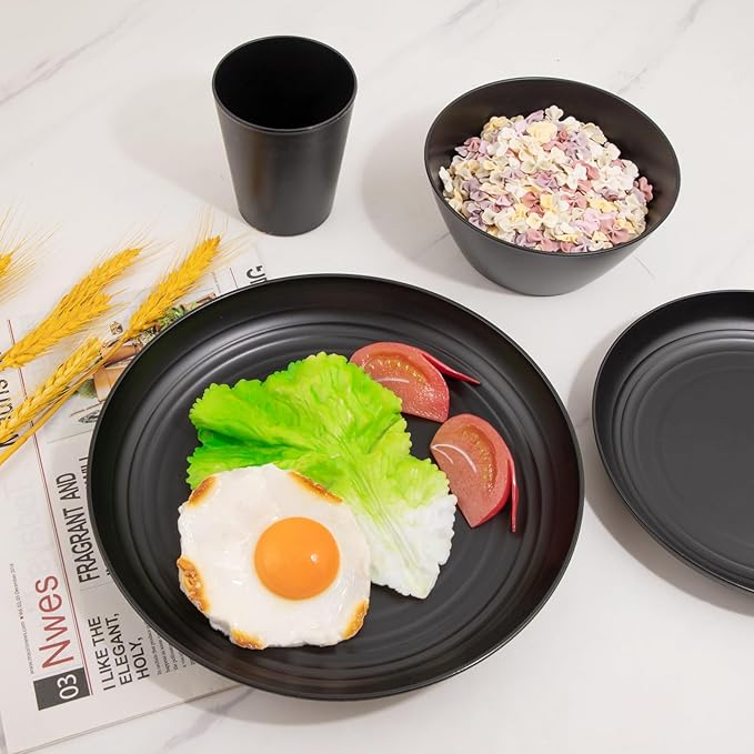 LIYH 48 Pcs Black Wheat Straw Plates and Bowls Dinnerware Set Camping Dish Set for 12,Plastic Plates and Bowls,Dishwasher Safe Dinnerware Set,Unbreakable Plastic Camper Dish Sets