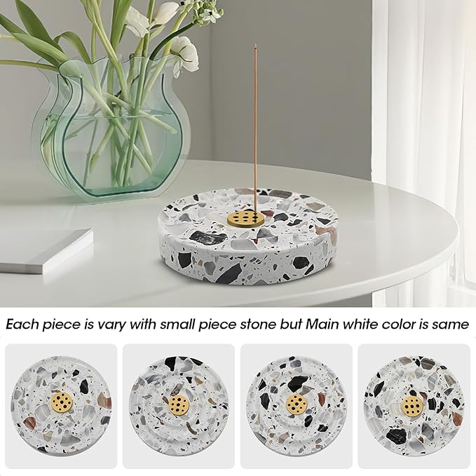 White Terrazzo Stone Incense Holder， 9 Brass Stick Insert Holes, Yoga & Home Relaxation