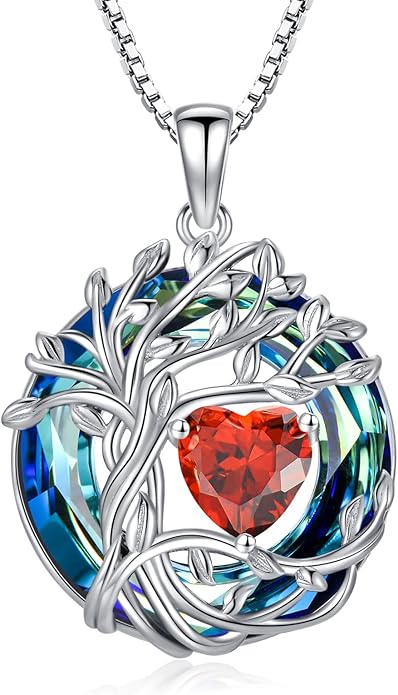 TOUPOP Tree of Life Birthstone Necklace 925 Sterling Silver Pendant Austrian Crystal Jewelry Anniversary Birthday Christmas Gifts for Women Mom Her Wife