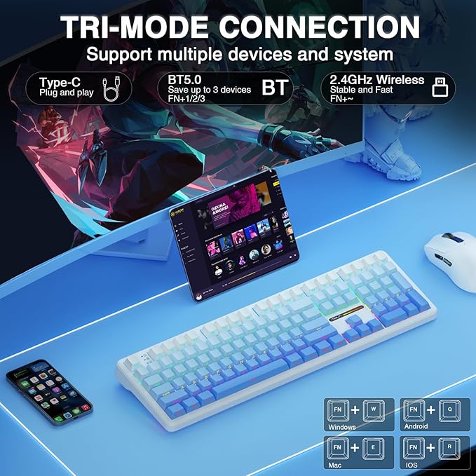 AULA F108 Wireless Mechanical Keyboard, BT5.0/USB-C/2.4GHz Hot Swappable Custom Gaming Keyboards, PBT Keycaps, Pre-lubed Switches, RGB Backlit Full Size Creamy Keyboard with Number Pad, 108 Keys