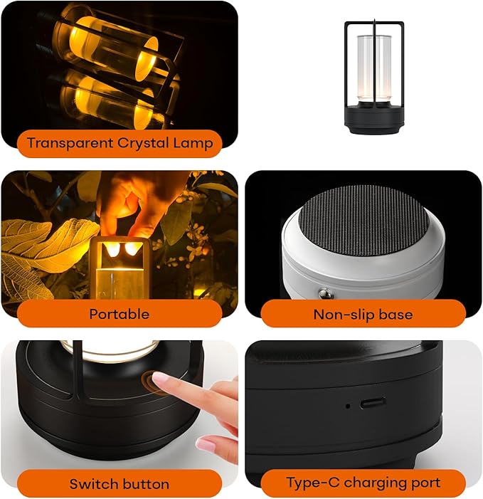 Portable Outdoor Table Lamp, Cordless Dimmable Touch Table Light, Rechargeable Battery Operated Small Lamp with 3 Colors and Brightness Control for Bedroom/Patio/Camping/Bar/Coffee Shop (Black)