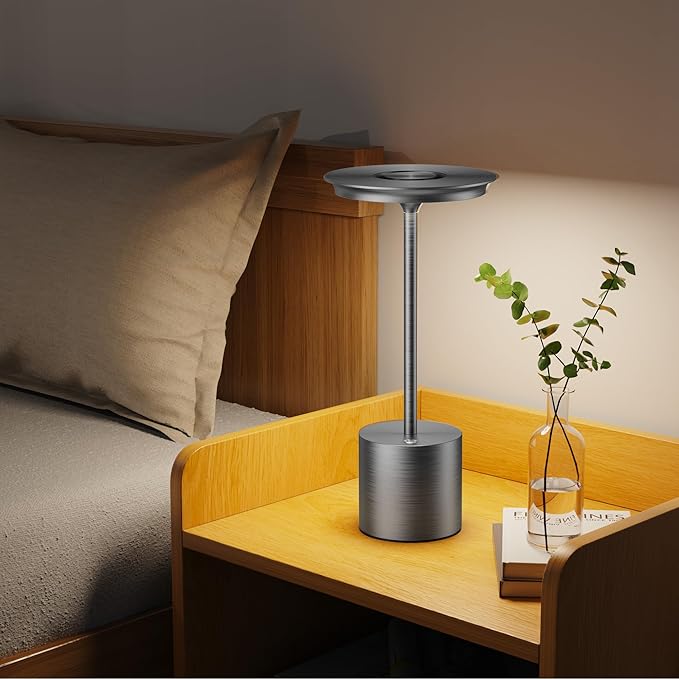 Cordless Table Lamp, Portable Rechargeable 6000mAh Outdoor Table Lamp, 3 Color Stepless Dimming Battery Powered Lamp, LED Table Light for Dinner/Restaurant/Outdoor (Gray)