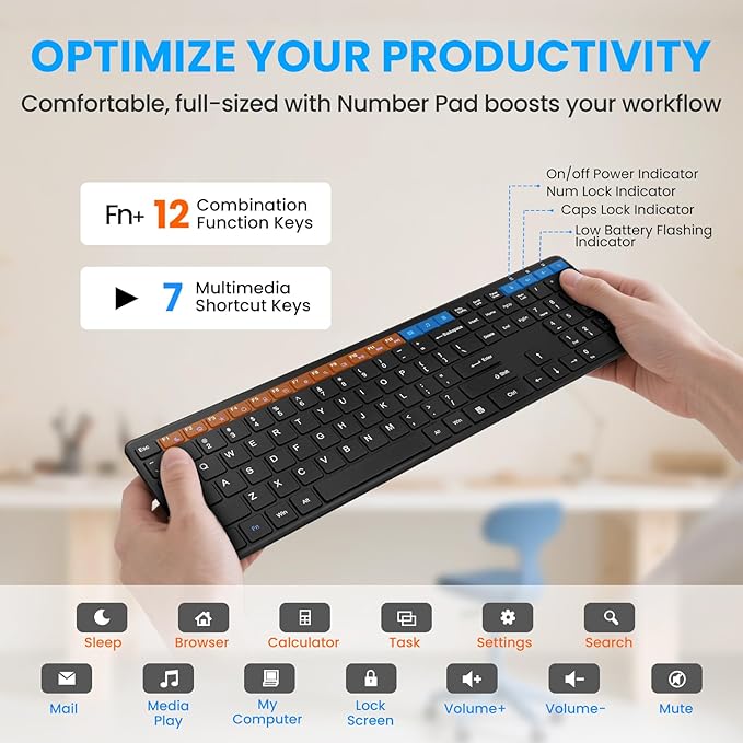Wireless Keyboard-2.4G USB Ultra Slim Quiet Full Size Matte PC Computer Keyboard,19 Multimedia Keys,Number Pad,Plug&Play,Lag-Free Ergo,Long Battery life for Desktop,Laptop,Smart TV,MAC,Windows,QWERTY