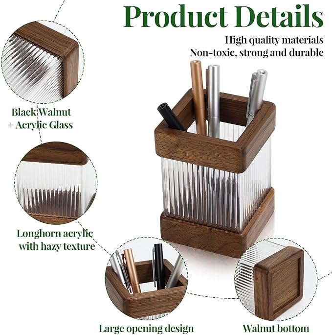 MultiBey Walnut Wooden Pencil Holder, Clear Acrylic Wood Pen Holder, Black Walnut Desktop Pencil Cup Stand Wood Desk Accessory Organizer for School Office Home Supplies