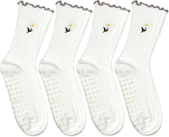 4 Pairs Cute Pilates Grip Socks for Women – Ruffle Top Non Slip Yoga Barre Crew Socks for Workout, Dance, Hospital