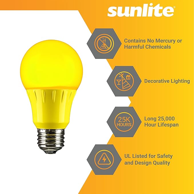 Sunlite 41725 LED A19 Colored Light Bulb, 3 Watts (25w Equivalent), E26 Medium Base, Non-Dimmable, UL Listed, Party Decoration, Holiday Lighting, 3 Count, Yellow