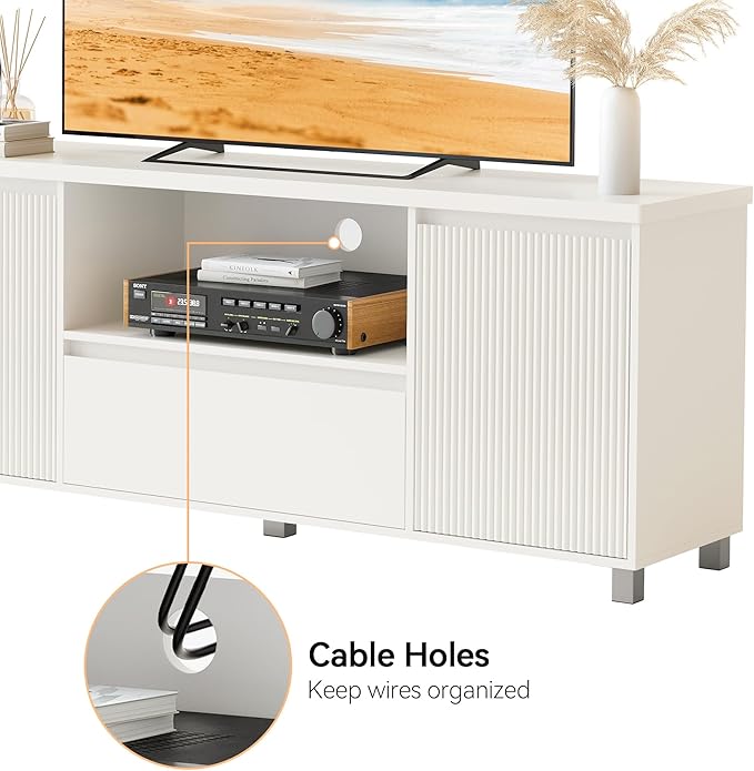 Garvee 63in TV Stand for 60/65/70 Inch TV, Fluted Entertainment Center with Storage Drawer and Open Shelves, Modern TV Console Media Cabinet for Living Room, Bedroom, White