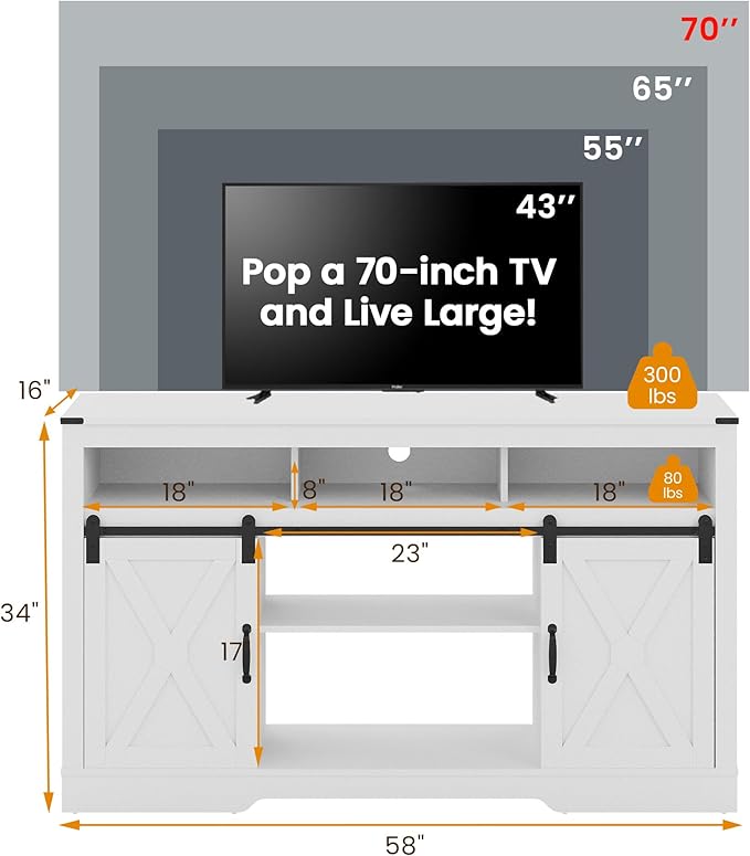 RoyalCraft Farmhouse Fireplace TV Stand for 65+ Inch TV, Entertainment Center with 23" Electric Fireplace with Remote, 34" Tall Modern Rustic TV Console with Sliding Bar Door for Living Room, White