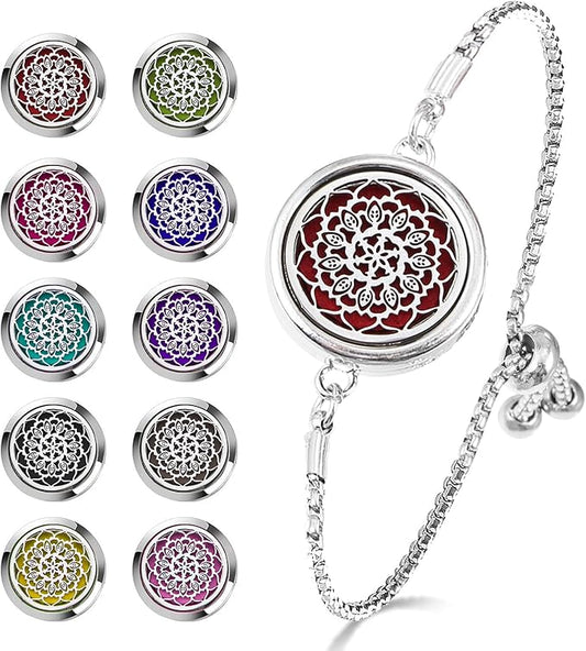 Essential Oil Diffuser Bracelet Aromatherapy Locket Adjustable Bracelet Stainless Steel Bracelet with 10 Pcs Refill Pads for Women Girls