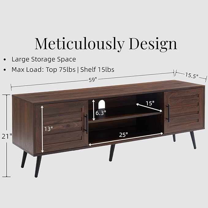 Mid Century Wooden TV Stand Entertainment Console with Open Shelving and 2 Cabinets for Televisions up to 65 Inches(Dark Walnut)