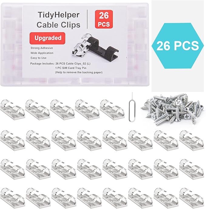 Cable Clips Clear (Large, 26PCS), Heavy Duty Extension Cord Clips Wall, Adhesive Wire Holders Clips Electric Wires Cord Organizer, Powre Cable, PC, Ethernet, TV-Coax, LED Light Clips