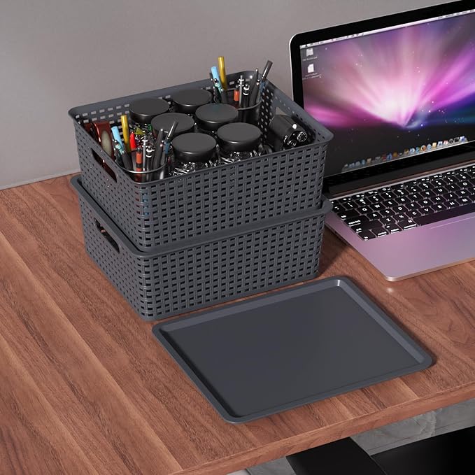 Hespama 6 Pack Plastic Woven Baskets, Stackable Storage Basket with Lid, Dark Grey