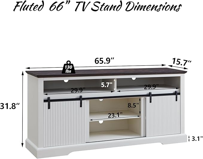 Fluted TV Stand for 75 Inch TVs, 32" Tall Modern Entertainment Center with Waveform Panel Sliding Door, Media Console Cabinet with Storage & Adjustable Shelf for Living Room, 66 inch (White)