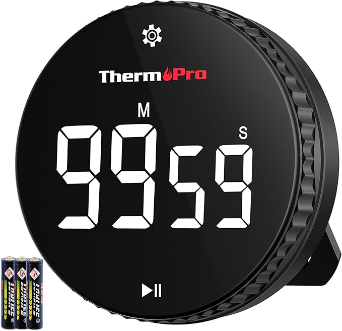 ThermoPro 99-Hour Digital Kitchen Timer with Strong Magnetic & Stable Stand, Classroom Timers with 3-Volume-Level, Stopwatch with Large LED Display, Digital Timers for Classroom, Office & Gym(Black)