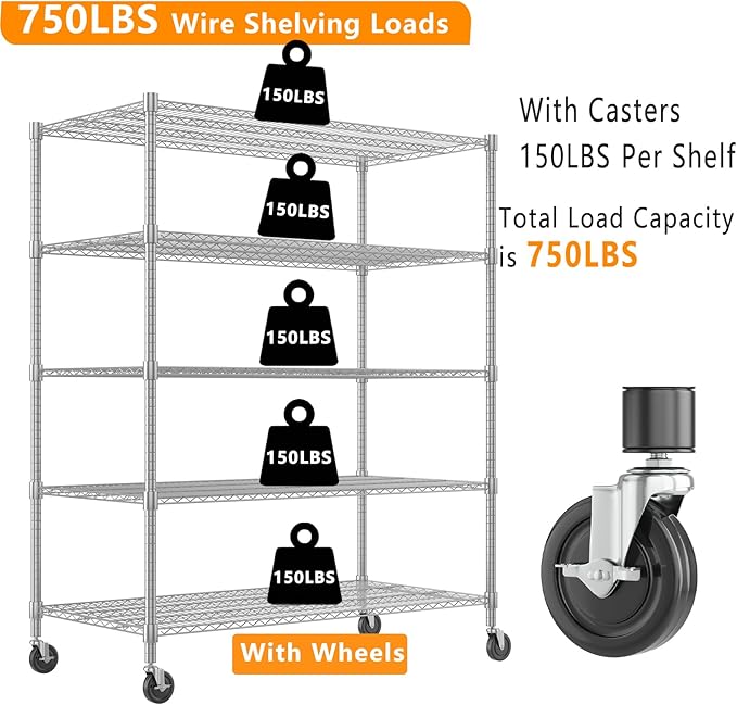 Himimi 60" W Storage Shelves, 5-Tier Wire Shelving with Wheels 3250LBS Heavy Duty Metal Shelves for Storage, Adjustable Wire Rack Shelving for Garage Kitchen Pantry 24" Dx60 Wx82 H, Silver