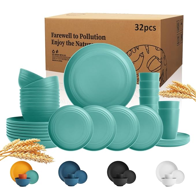 Wheat Straw Dinnerware Set of 32,Unbreakable Dinner Plates and Bowls Dishes Sets Service for 8,Dishwasher Safe Dinnerware Sets for Kitchen and Camping.Green