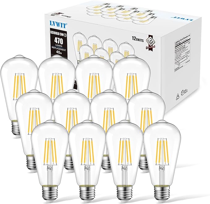 LVWIT ST21 LED Filament Bulb 5W (40 Watt Equivalent) Dimmable 2700K Warm White Vintage Edison Light Bulbs E26 Medium Base 12 Pack