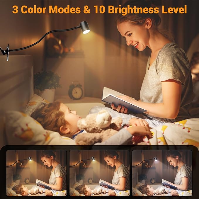 Reading Light, 3 Modes & 10 Brightness Clip on Light, Desk Lamp, Eye Caring Reading Lights for Books in Bed, 360°Gooseneck Clamp Lights, Book Light With Memory Function for Bed Headboard