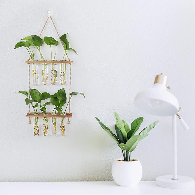 Hyindoor Wall Hanging Planter Terrarium 2 Tired Test Tube Vase Glass Planter Plant Propagation Station Plant Hangers of Rope with Wooden Stand and 8 Tubes for Hydroponic Plant Cutting