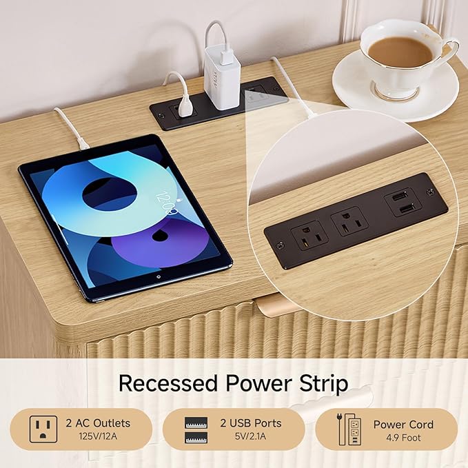 Fluted Nightstand with Charging Station, 23'' Modern Side Table with 3 Large Storage Drawers, Wide Night Stand Bedside End Table Tall Wooden Dresser for Bedroom