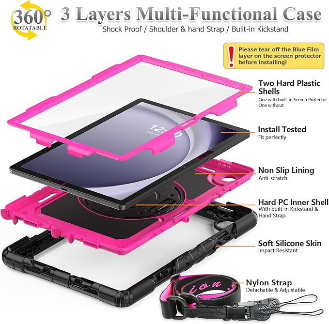 SEYMAC stock Case for Samsung Galaxy Tab A9+ Plus 11'', Full-Body Drop Protection Case with Screen Protector Pencil Holder [360° Rotating Hand Strap] &Stand, Pink+Black